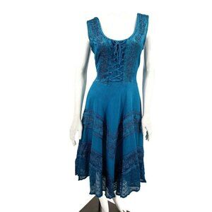 New Mocela Turquoise Corset Dress Size S/M  Embroidered Rayon Full Circle